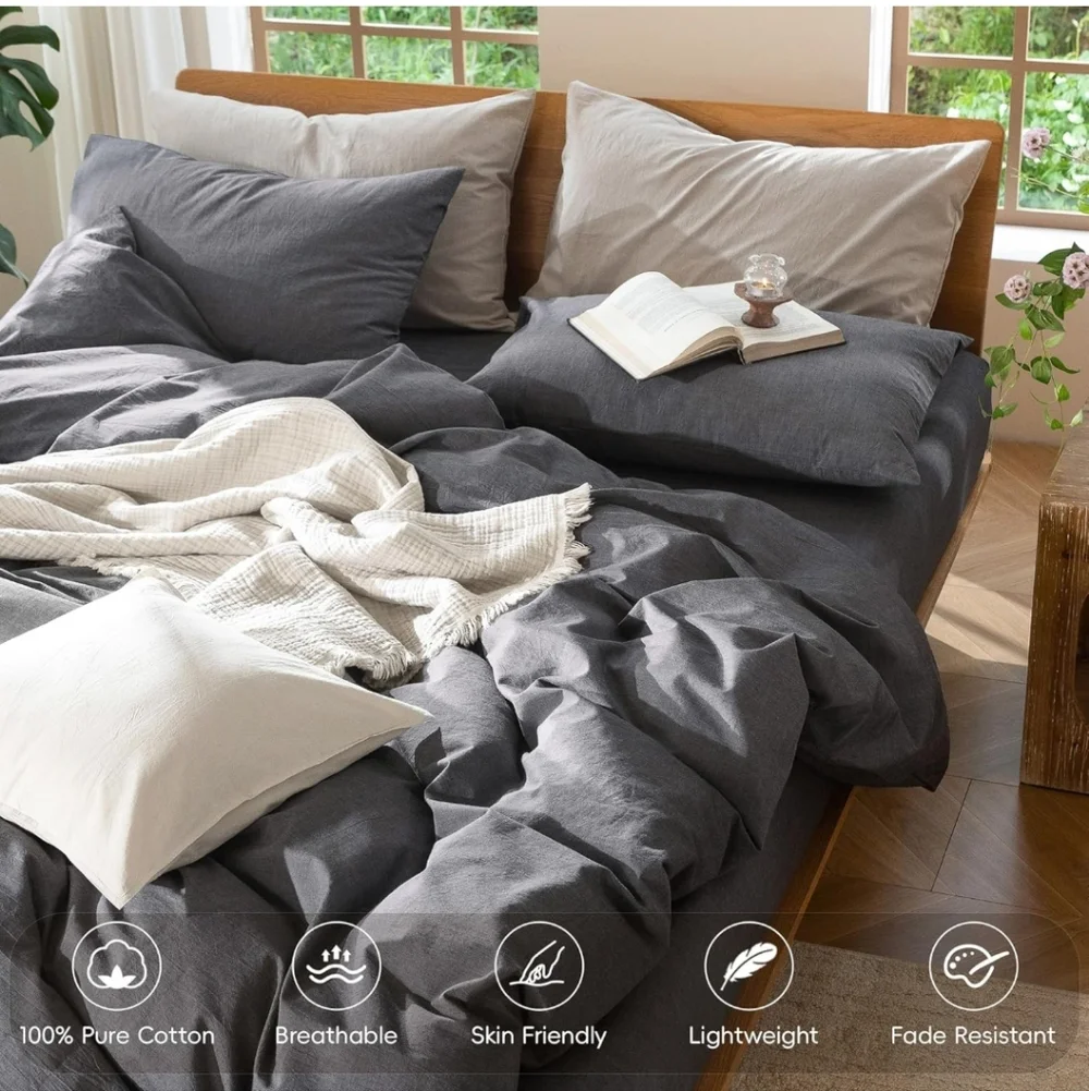 MooMee Bedding Duvet Cover Set 100% Washed Cotton Linen Like Textured Breathable